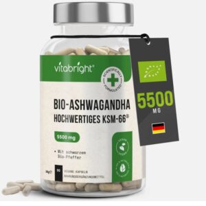 Bio Ashwagandha Kapseln KSM-66 mit Schwarzem Pfeffer – Hochdosiert, 90 Kapseln (3-Monatsvorrat)